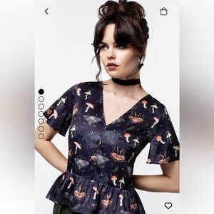 Disturbia Blue Satin Moth & Mushroom Peplum Top